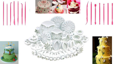 TREXEE (Pack Of 47pc) Fondant Cake Cookie Plunger Cutter Sugar Craft Flower Leaf Butterfly Heart Shape 33 Pieces Cookie Mould with 14 Fondant Sticks Cake Decorating Tools Pack of 47 Pieces Cookie Cutter(Pack of 47)