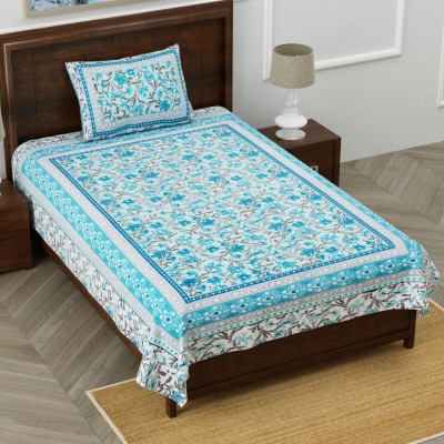 Shubastik 144 TC Cotton Single Floral Flat Bedsheet(Pack of 1, Blue)