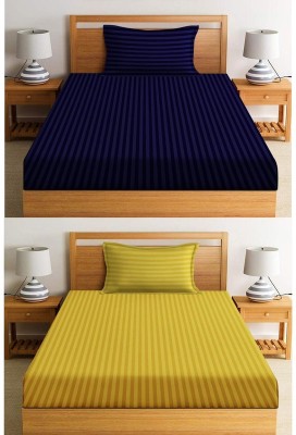 New leaf 220 TC Cotton Single Striped Flat Bedsheet(Pack of 2, Blue, Yellow)