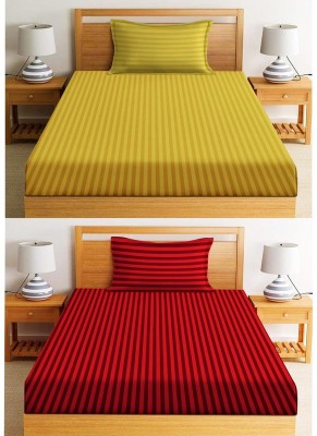 New leaf 220 TC Cotton Single Striped Flat Bedsheet(Pack of 2, Yellow, Red)