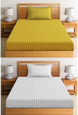 Luxury Trends 220 TC Cotton Single Striped Flat Bedsheet(Pack of 2, Yellow, White)