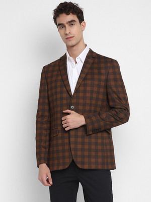 TURTLE Checkered Single Breasted Casual Men Blazer(Brown)