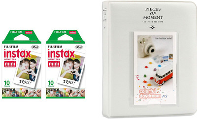 FUJIFILM Instax Mini 10x2 Sheets Instant Film with Instax Time Photo Ice White Album 64 Sheets Film Roll(Yes 800 ISO Pack of 2)