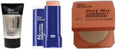 BLUE HEAVEN Flawless Makeup Base Primer & Oil control panstick & Pearl Glow Compact Powder(3 Items in the set)