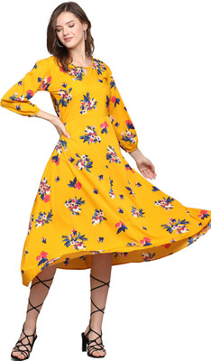 LOOKMARK Women Fit and Flare Yellow Knee Length Dress