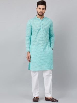 Fashvio Men Chikan Embroidery Straight Kurta(Blue)