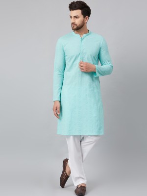 See Designs Men Chikan Embroidery Straight Kurta(Blue)