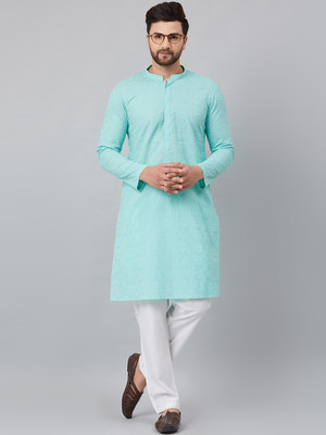 Fashvio Men Chikan Embroidery Straight Kurta(Blue)