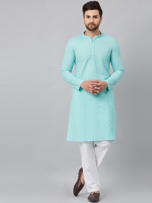 See Designs Men Chikan Embroidery Straight Kurta(Blue)