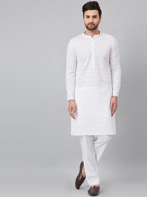 Fashvio Men Chikan Embroidery Straight Kurta(White)