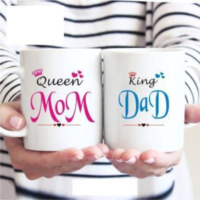 BUSINESS TALES Queen Mom King Dad Printed White Ceramic Coffee or Tea Ceramic Coffee Mug(339 ml, Pack of 2)