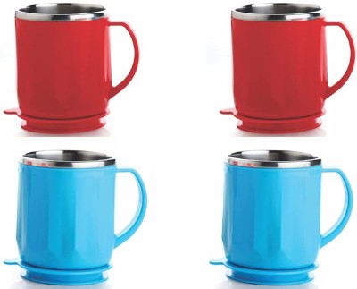 veniqe Unbreakable Double Wall Stainless Steel Tea, Coffee and Milk with Lid Set of 4- RED 2PCS and Blue 2PCS Plastic Coffee Mug(250 ml, Pack of 4)