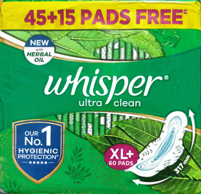 Whisper Ultra Clean Sanitary Pads XL Plus- 60 Pieces (60 Count) With Herbal Oil Sanitary Pad(Pack of 60)