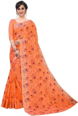WILLMAKE Floral Print Chanderi Viscose Rayon, Cotton Linen Saree(Orange)