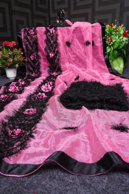 GZS Printed Banarasi Net Saree(Pink)