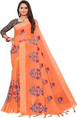 EVERLEE Embroidered Bollywood Cotton Blend Saree(Orange)