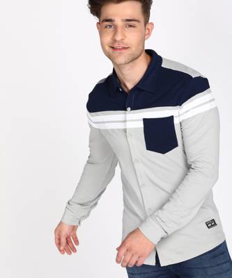 abof by Aditya Birla Men Color Block Casual Grey Shirt