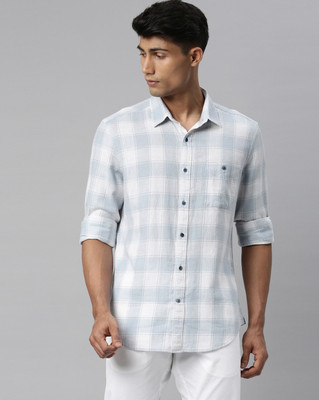RARE RABBIT Men Checkered Casual Blue Shirt