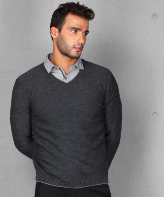 METRONAUT Solid V Neck Casual Men Grey Sweater