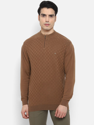 TURTLE Self Design High Neck Casual Men Brown Sweater