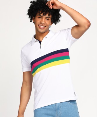 Aditya Birla - abof Striped Men Polo Neck White T-Shirt