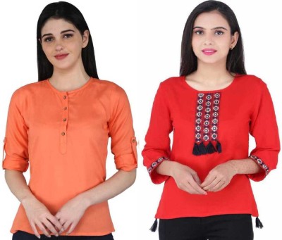 Kevat Gems Casual Embroidered, Solid Women Red, Orange Top