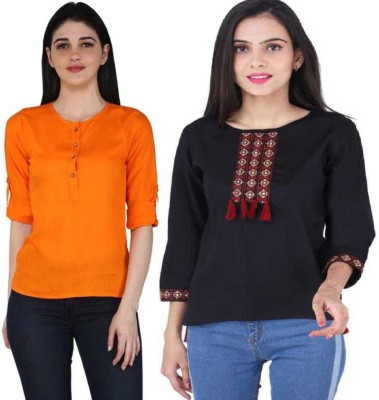 Kevat Gems Casual Embroidered, Solid Women Black, Orange Top