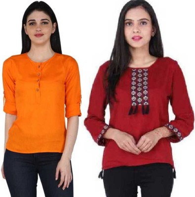 Kevat Gems Casual Embroidered, Solid Women Red, Orange Top