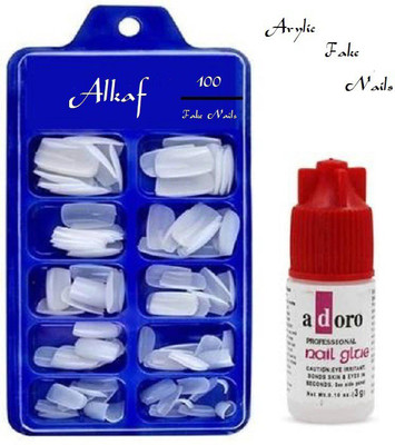 Alkaf 100 Pcs Reusable fake Arylic Nails with Glue White(Pack of 100)