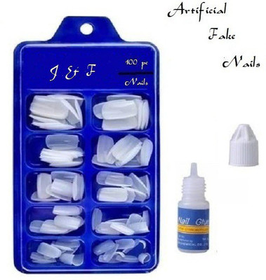 J & F Empress Curve 100 Artificial Nails With Glue White(Pack of 100)