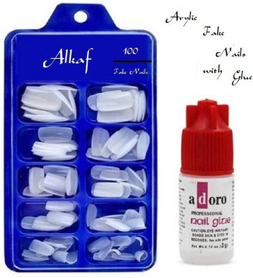 Alkaf Best Quality Artificial Empress Curve 100 Tips Fake Nails With Glue White(Pack of 100)