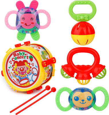 FIDDLERZ Baby Rattle & Musical Drum Baby Concert Funny Little Toy Set For for Toddlers Infants Colorful Rattles 5 PCS - Multicolor Rattle(Multicolor)