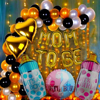 BestDeal247 Solid MOM TO BE Decoration kit - MOM To BE Foil Banner + Golden Black and Silver Metallic Balloons + Foil Heart Balloons + Printed Bottle 2 Pcs + Boy or Girl Printed Foil balloon 1 Pcs + LED Light Combo Balloon(Blue, Pack of 73)
