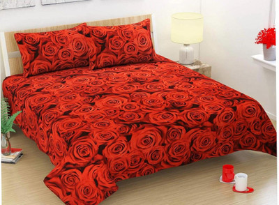 REYOX Polycotton Double Flat 140 TC Floral Bedsheet(Pack of 1, RED ROSE)