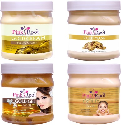 PINKROOT Gold Cream, Gel, Mask And Gel Scrub 500ml Pack Of 4(4 Items in the set)