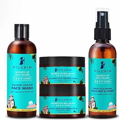 Pilgrim Jeju Complete FaceCare Bundle Deep Cleansing, Boosts Circulation Anti- Ageing Face Wash 100ml, Face Scrub 100g,Day Cream Tnted SPF 50,Face Mist & Toner 100ml(3 Items in the set)