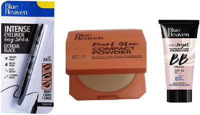 BLUE HEAVEN Pearl Glow Compact Powder & Eyeliner Easy Sketch Extreme Black & bb cream tube foundation(3 Items in the set)