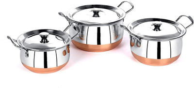 Nirvika 3 pcs export quality premium design luxurious stainless steel copper handi Cookware Set with lid and handle (Stainless Steel 3 - Piece) Cookware Set Capacity: 1.5 L, 1 L, 0.75 L Handi 1.5 L, 1 L, 0.75 L with Lid (Stainless Steel) Donga Handi Dish Serving Set(Pack of 3)