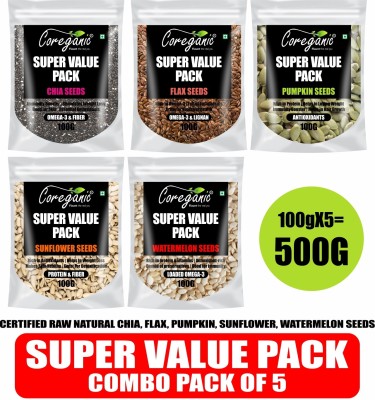 Coreganic Certified Raw Combo Seeds Value Pack (FLax Seed,Chia Seed, Sunflower seed, Pumpkin Seed & Watermelon Seed) Brown Flax Seeds, Chia Seeds, Pumpkin Seeds, Sunflower Seeds, Watermelon Seeds(500 g, Pack of 5)