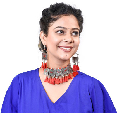 msy Fabric Silver Red Jewellery Set(Pack of 1)