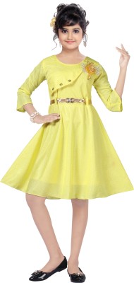 STYLED FASHION Girls Midi/Knee Length Casual Dress(Yellow, 3/4 Sleeve)