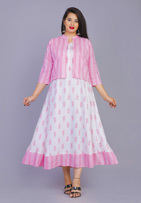 Fabris Women Printed Anarkali Kurta(White, Pink)