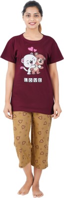 BEFLI Women Printed Maroon Top & Pyjama Set