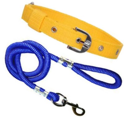 Pet Club51 Nylon Dog Belt Combo of Yellow Dog Collar with Blue Lead 1.5m Lengthy Dog Collar & Leash(Medium, Yellow, Blue)