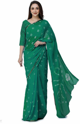 REBOOT FASHIONS Dyed Bandhani Chiffon Saree(Green)