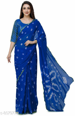 REBOOT FASHIONS Dyed Bandhani Chiffon Saree(Dark Blue)