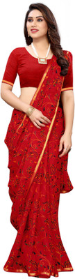 WEYLIN Printed, Embellished, Floral Print, Solid/Plain Daily Wear Chiffon Saree(White, Pink)