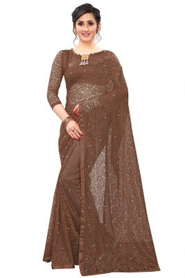 Croza Self Design Bollywood Net Saree(Brown)