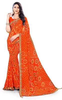 TINA FASHION Printed Bandhani Georgette Saree(Orange)