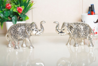 KridayKraft Metal Elephant Statue Small Size Silver Polish 2 pcs Set for Showpiece Your Home,Office Table & Gift Article,Animal Showpiece Figurines... Decorative Showpiece  -  8.5 cm(Metal, Silver)